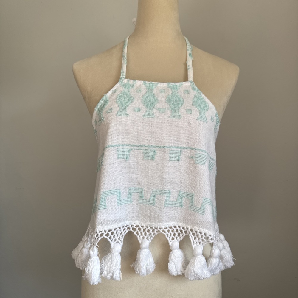 Boho Halter Crop‎ Top Tassel Fringe White Turquoise Woven Festival Summer XS